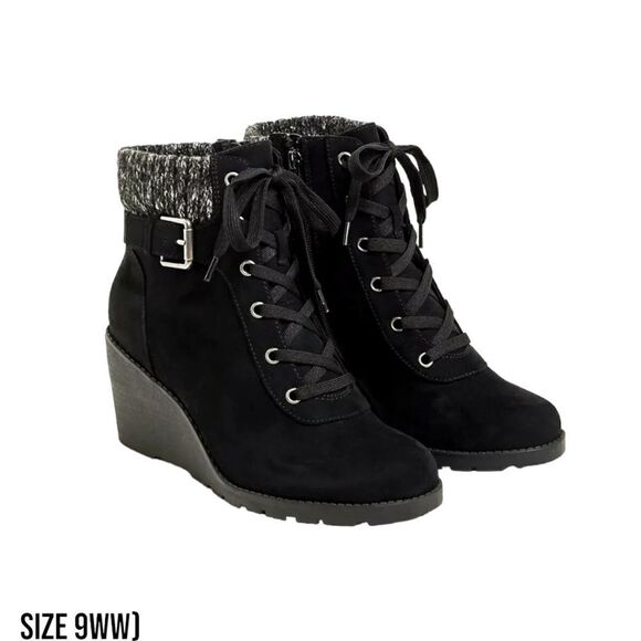 NIB TORRID Women's Wedge Bootie Faux SuedeโBlack Extra Wide Rubber Cushion boot - Picture 1 of 12